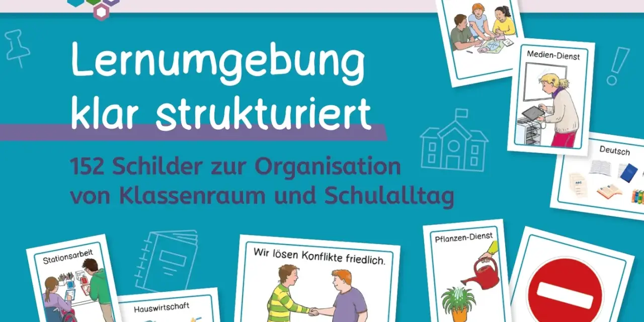 Schilder für eine klare Lernumgebung in der Sonderpädagogik: Organisation von Klassenraum und Schulalltag.