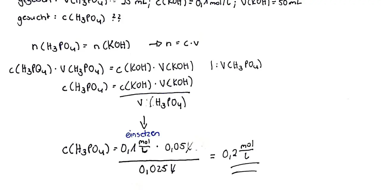 Titration einer Phosphorsäure-Lösung mit Kaliumhydroxid. Die Berechnung der Konzentration der Phosphorsäure (H₃PO₄) wird gezeigt.