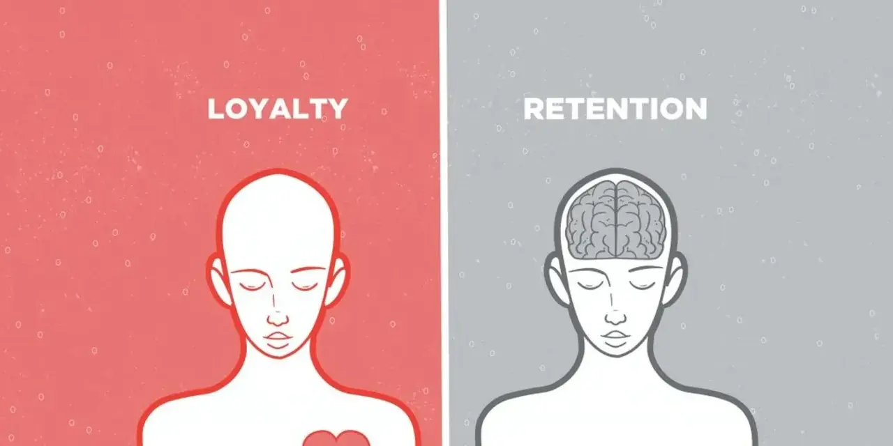 Zwei Hälften eines Kopfes: Links mit Herz und dem Wort "Loyalty", rechts mit Gehirn und "Retention". Loyalität kommt vom Herzen, Bindung vom Verstand.