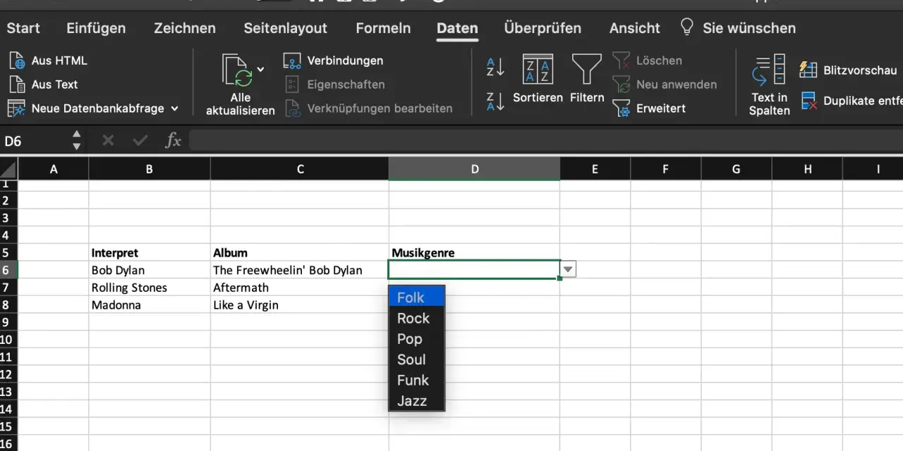 Excel-Dropdown erstellen: Musikgenre-Auswahl mit Optionen wie Folk, Rock, Pop, Soul, Funk, Jazz.