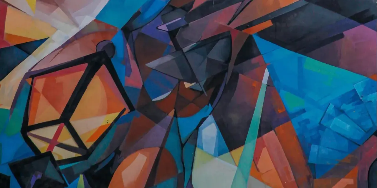Abstrakte Komposition in leuchtenden Farben, die an den Stil des Kubismus erinnert. Geometrische Formen und Linien verschmelzen zu einem dynamischen Ganzen.