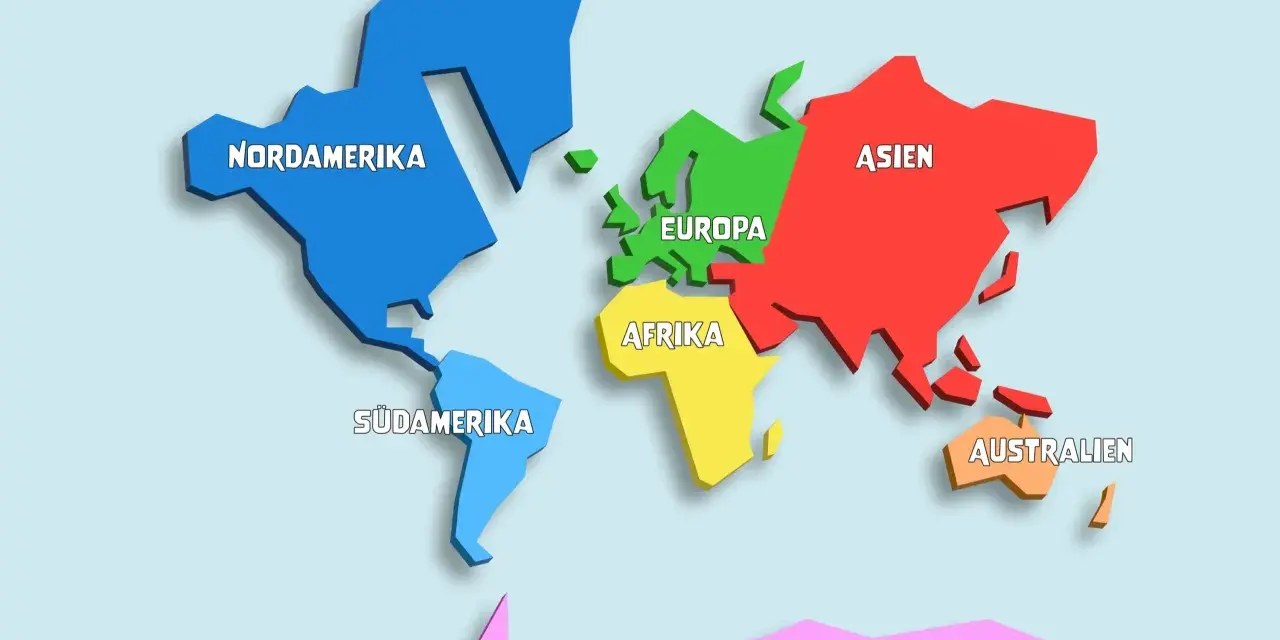 Eine bunte Weltkarte zeigt, wie viele Kontinente es gibt: Nordamerika, Südamerika, Europa, Afrika, Asien, Australien und Antarktis.