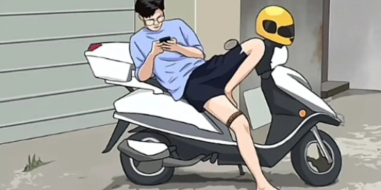 Ein Mann auf einem Roller, der auf sein Handy schaut. Die Beine scheinen verdreht, eine interessante optische Täuschung.