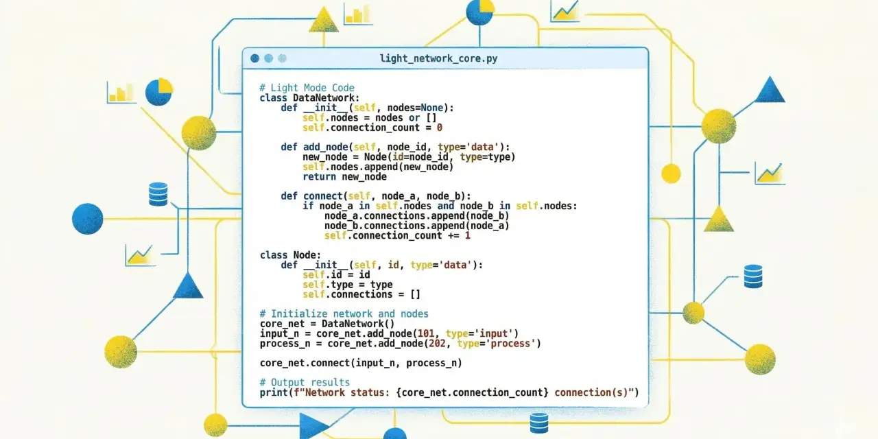 Ein Softwareentwickler schreibt Python-Code für ein Netzwerk. Diagramme und Datenknoten sind um den Code herum angeordnet.