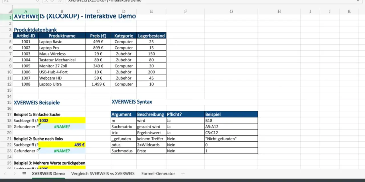 Excel-Tabelle zeigt XVERWEIS-Beispiele. Suchbegriff 1002 liefert "Laptop Pro". XVERWEIS ist nützlich.