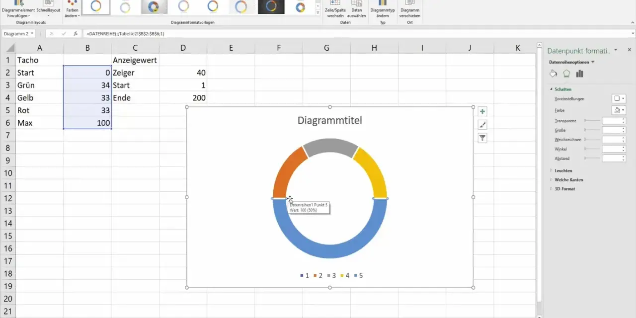 Excel-Diagramm erstellen: Ein Ringdiagramm mit vier Segmenten (blau, gelb, orange, grau) zeigt Daten aus einer Tabelle.