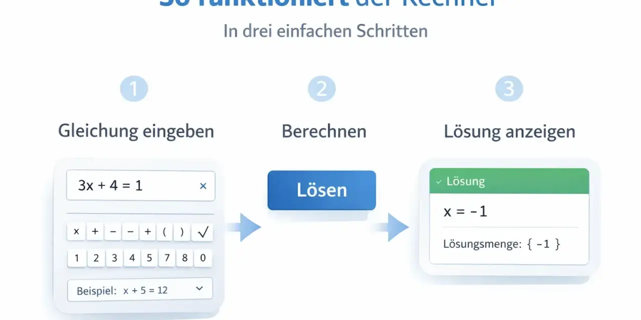 So funktioniert der Rechner: Gleichung eingeben (3x + 4 = 1), berechnen, Lösung anzeigen (x = -1). Das Ungleichzeichen ist hier nicht relevant, da es sich um eine Gleichung handelt.