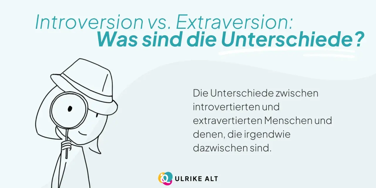 Eine Figur mit Hut und Lupe untersucht die Unterschiede zwischen introvertierten und extrovertierten Menschen.