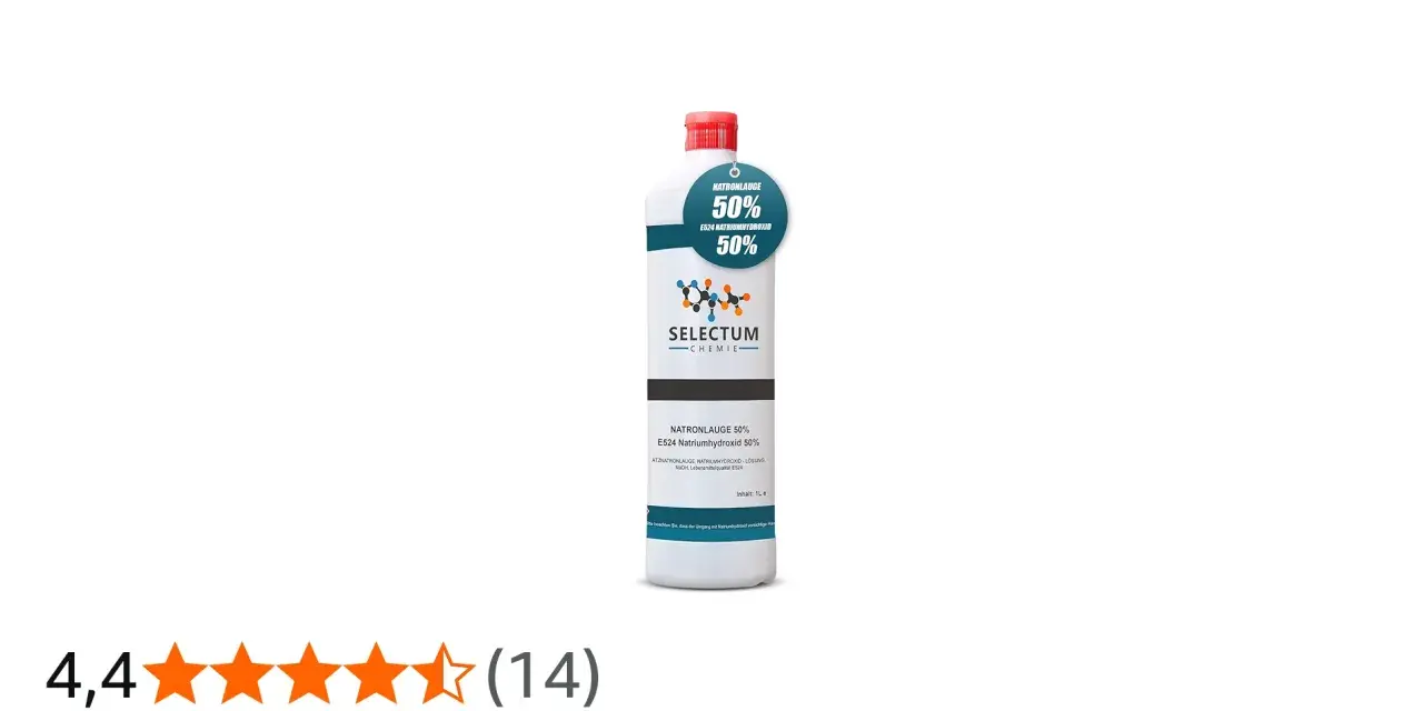 Flasche mit 1 Liter Natronlauge 50% von Selectum Chemie, geeignet für Lebensmittelqualität E524.