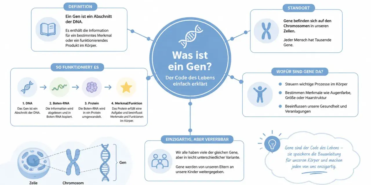 Ein Gen ist ein DNA-Abschnitt, der Merkmale bestimmt. Dieser phänotypische Code wird von Eltern an Kinder weitergegeben und macht jeden einzigartig.