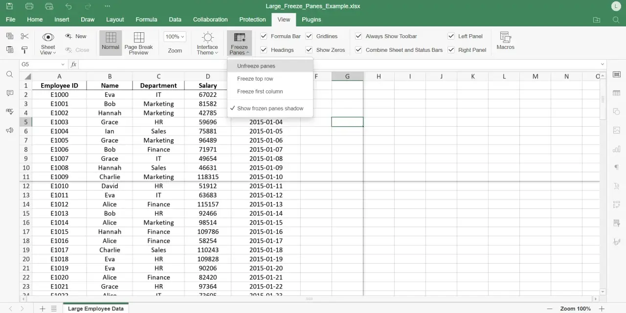 Excel-Menü zeigt Optionen zum "excel zeile fixieren". Die oberste Zeile ist bereits fixiert.