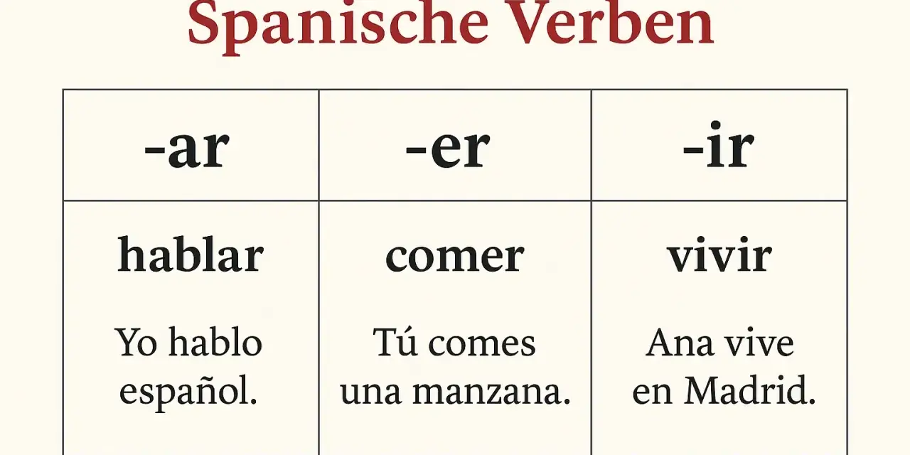 Tabelle zeigt, wie man spanische Verben konjugiert: -ar (hablar), -er (comer), -ir (vivir) mit Beispielsätzen.