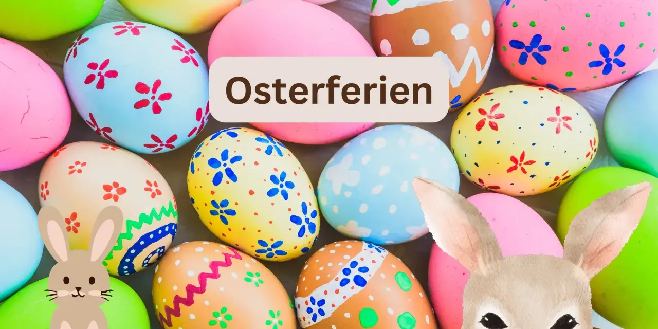 Bunte Ostereier und Hasenfiguren, bereit für die Osterferien Sachsen 2026.