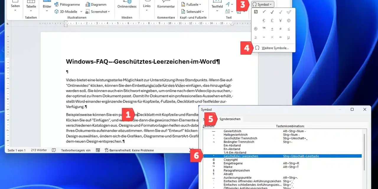 Microsoft Word: Menü "Einfügen" mit Symbolen, wo "Geschütztes Leerzeichen" ausgewählt ist.