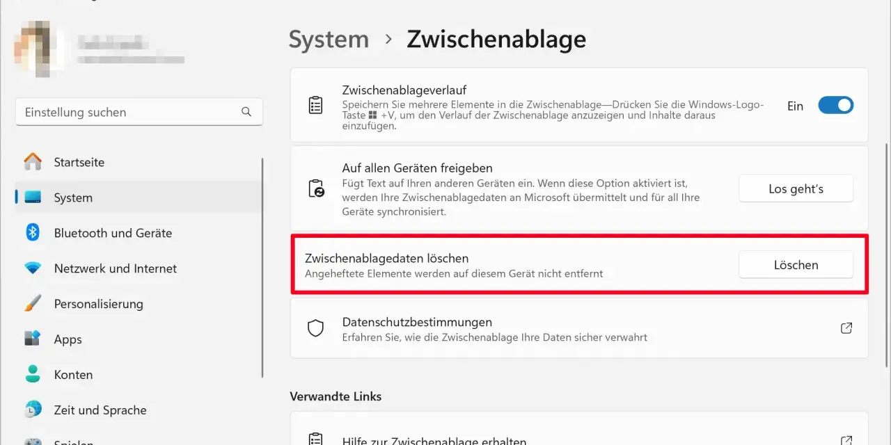 Einstellungen für die Zwischenablage: Verlauf anzeigen, Daten synchronisieren oder den gesamten Cache löschen.