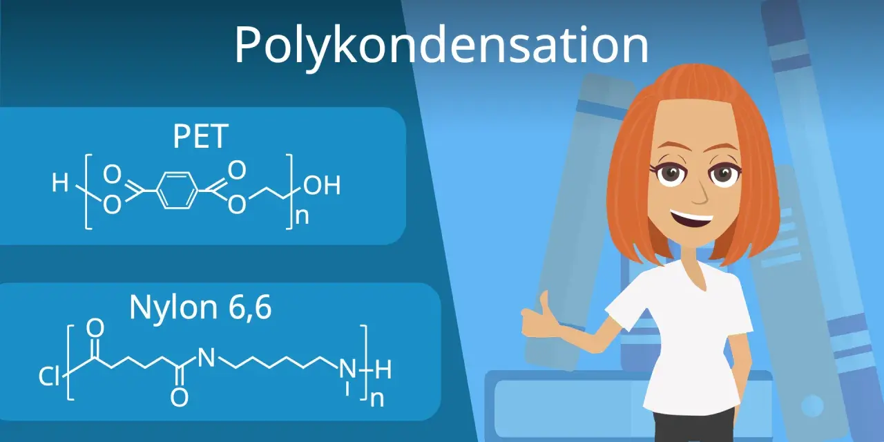 Chemie-Illustration mit PET- und Nylon-6,6-Strukturen, die den Prozess der Polykondensation erklären. Eine lächelnde Frau gibt Daumen hoch.