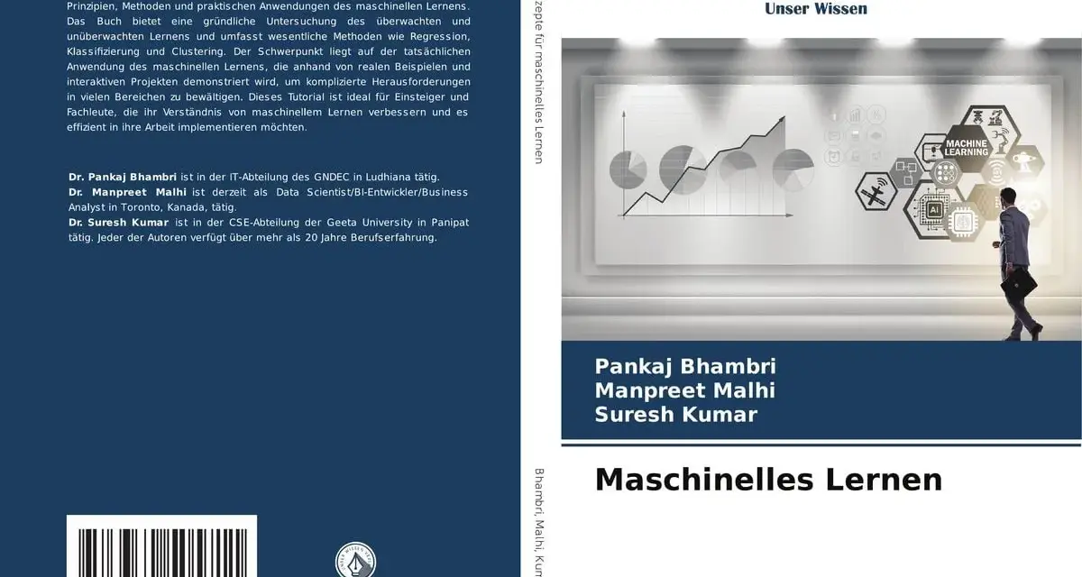 Buchcover "Maschinelles Lernen" mit Autoreninfo und Illustrationen, die Konzepte des maschinellen Lernens zeigen.