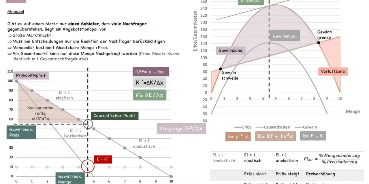Monopol: Ein Anbieter trifft auf viele Nachfrager. Die Grafik zeigt Gewinnmaximierung und die Preis-Absatz-Kurve.
