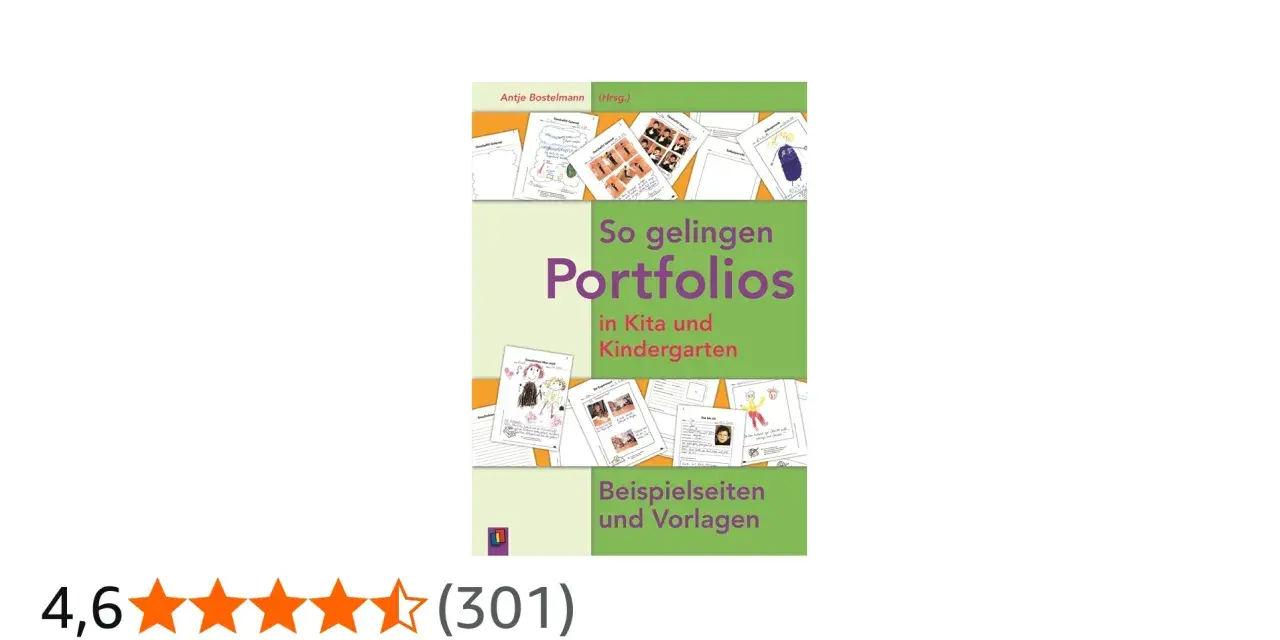 Buchcover "So gelingen Portfolios in Kita und Kindergarten" mit Beispielseiten. Die Portfolio Bedeutung wird hier praxisnah erklärt.