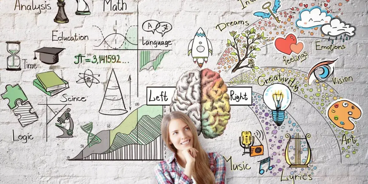 Eine Frau denkt über verschiedene lernmethoden nach, die von Logik und Wissenschaft bis hin zu Kreativität und Emotionen reichen.