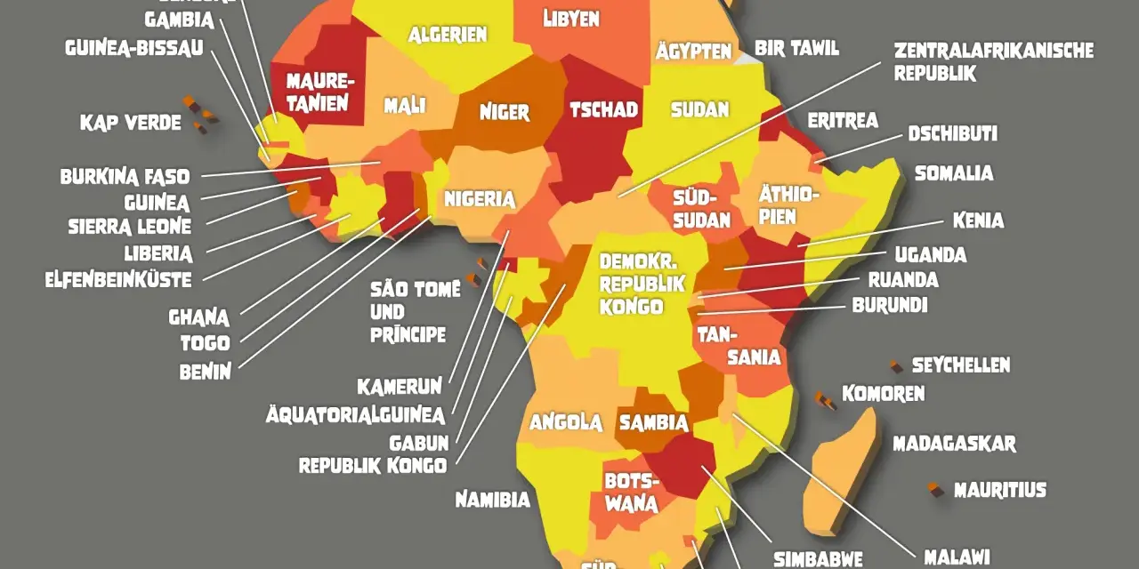 Bunte Karte von Afrika mit vielen Ländern wie Marokko, Algerien, Nigeria, Ägypten und Südafrika.
