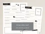 Eine Steckbrief Vorlage mit Feldern für Name, Geburtstag, Adresse, Lieblingsfach und mehr. Ideal zum Ausfüllen für Kinder.