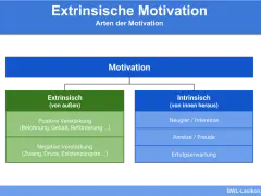 Diagramm zeigt Motivation, aufgeteilt in extrinsisch (von außen, z.B. Belohnung) und intrinsisch (von innen, z.B. Neugier).