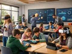 Kinder der Generation Alpha lernen mit VR-Brillen und Tablets im Klassenzimmer.