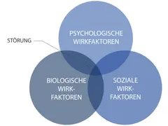 Venn-Diagramm zeigt, wie psychologische, biologische und soziale Faktoren zur Entstehung von Störungen beitragen. Ein Kernkonzept der Gesundheitspsychologie.