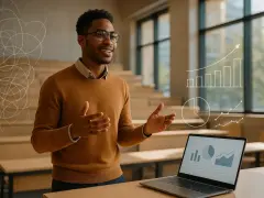 Ein Mann hält eine Präsentation in einem Hörsaal. Auf seinem Laptop sind Diagramme zu sehen, und über ihm schweben stilisierte Grafiken.