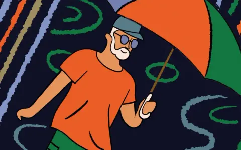 Ein Mann mit Bart und Brille geht unter einem bunten Regenschirm. Die Streifen im Hintergrund könnten für seine **Enttäuschung** stehen, die ihn trotz Sonnenschirms nicht trocken hält.