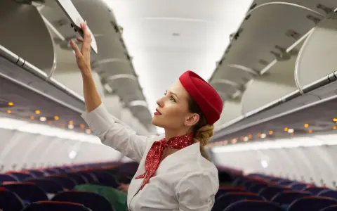 Flugbegleiterin schließt Gepäckfach. Ein Beruf, der mehr als nur das Flugbegleiter Gehalt bietet.