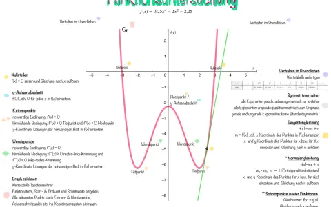 Eine Kurvendiskussion zeigt die Analyse der Funktion f(x) = 0,25x⁴ - 2x² - 2,25 mit Nullstellen, Extrempunkten und Wendepunkten.