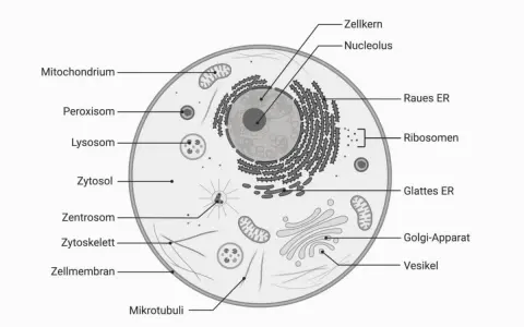 Schematische Darstellung einer Zelle mit Zellkern, Mitochondrien, ER, Golgi-Apparat und weiteren Organellen.