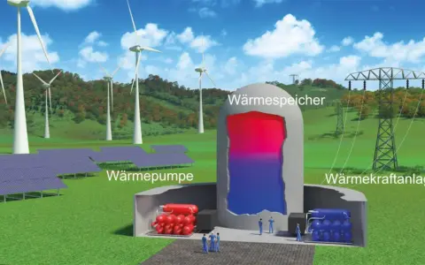 Windräder und Solarpaneele speisen einen Wärmespeicher, der thermische Energie für eine Wärmepumpe und ein Kraftwerk liefert.