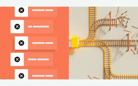 Abstrakte Darstellung von Eisenbahnschienen, die sich kreuzen und zu einem Durcheinander führen. Links eine Liste mit "X"-Symbolen, die auf **Verbindlichkeiten** hindeuten.