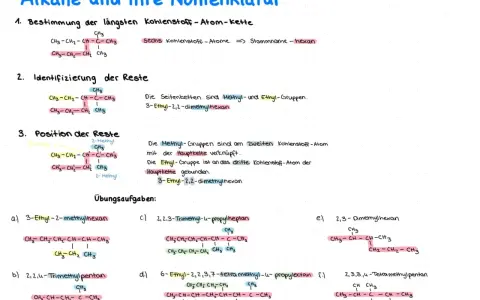 Alkane: Bestimmung der längsten Kohlenstoffkette, Identifizierung von Resten und deren Position. Übungsaufgaben zur Benennung von Alkanen.