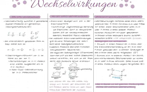 Organische Verbindung: Dipol-Dipol-Wechselwirkung zwischen polaren Molekülen, Van-der-Waals-Wechselwirkung bei unpolaren Molekülen und Wasserstoffbrückenbindungen.