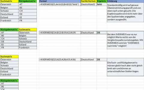 Excel-Tabellen zeigen Beispiele für die XVERWEIS-Funktion, die Suchkriterien und Matrizen verwendet, um Daten zu finden.