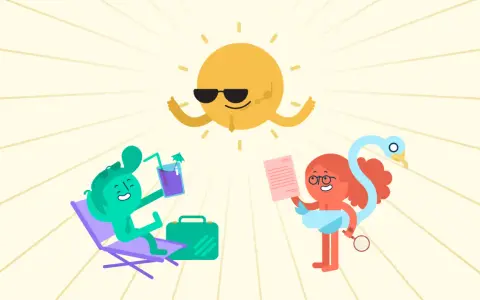 Sonnige **Herbstferien 2026 Niedersachsen**! Ein grüner Charakter entspannt, ein anderer liest, während die Sonne mit Sonnenbrille grüßt.