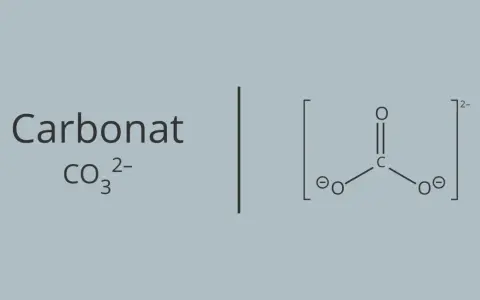 Das **Carbonat**-Ion (CO₃²⁻) mit seiner Lewis-Struktur, die ein zentrales Kohlenstoffatom zeigt, das doppelt an ein Sauerstoffatom und einfach an zwei weitere Sauerstoffatome gebunden ist, die jeweils eine negative Ladung tragen.