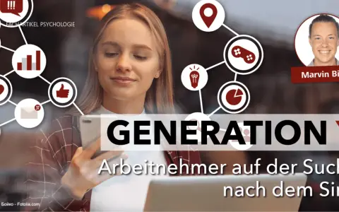 Generation Y: Junge Arbeitnehmer suchen Sinn. Eine junge Frau mit Smartphone und Laptop, umgeben von Symbolen für Psychologie und Social Media.