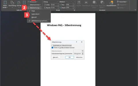 Menüpunkt "Layout" > "Silbentrennung" > "Automatisch" ausgewählt. Dialogfeld "Silbentrennung" mit Option "Automatische Silbentrennung" ist geöffnet.