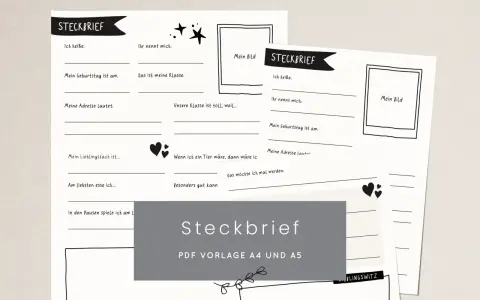 Eine Steckbrief Vorlage mit Feldern für Name, Geburtstag, Adresse, Lieblingsfach und mehr. Ideal zum Ausfüllen für Kinder.