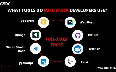 Werkzeuge für Full-Stack Developer: CodePen, Django, Visual Studio Code, TypeScript, Flask, Docker, GitHub, WebStorm.