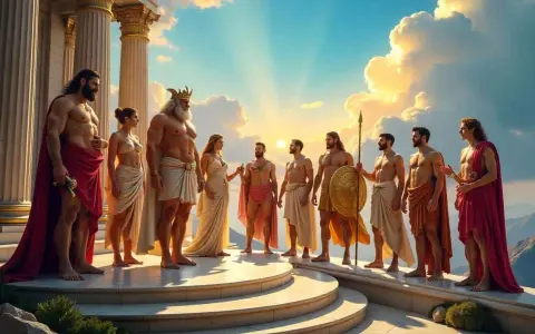 Versammlung der griechischen Götter vor antiken Säulen im Sonnenuntergang. Majestätische Figuren in Togen, einige mit Waffen.