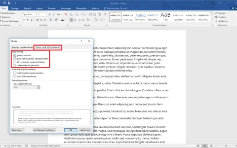 Dialogfenster "Absatz" in Word, Reiter "Zeilen- und Seitenumbruch" mit Optionen zur Textformatierung, z.B. Absatzkontrolle.
