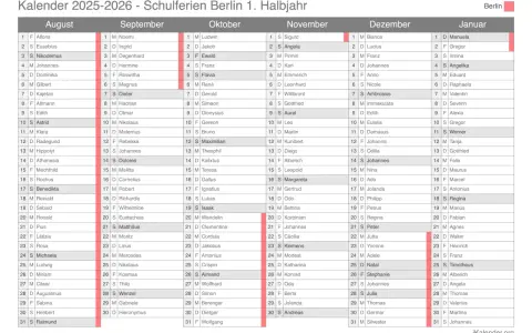 Kalender 2025-2026 mit Monatsübersicht und Namen.