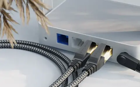 Zwei geflochtene ethernet-Kabel stecken in einem weißen Router, daneben ein schwarzes Stromkabel.
