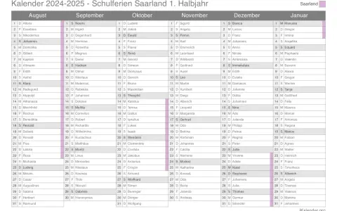 Ferien Saarland 2026: Kalenderübersicht mit Namenstagen. Planen Sie Ihre Auszeit!
